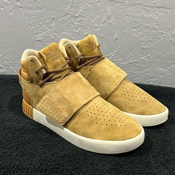 🔥🔥 Adidas Tubular Invader Tan Suede Hi-Top Strap Sneaker Shoes Men Sz 6 - EUC - Picture 1 of 14
